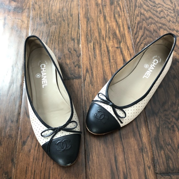 CHANEL Shoes - Chanel Beige Black Logo Perforated Ballet Flats 39
